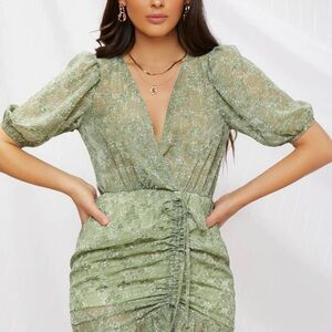 Green Asymmetrical Ruched Wrap Midi Dress